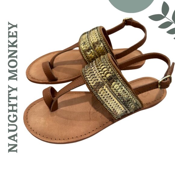 Boho Trimmed T-Strap Sandals by Naughty Monkey Brown Leather Gold Sequins Size 7 - Picture 2 of 8